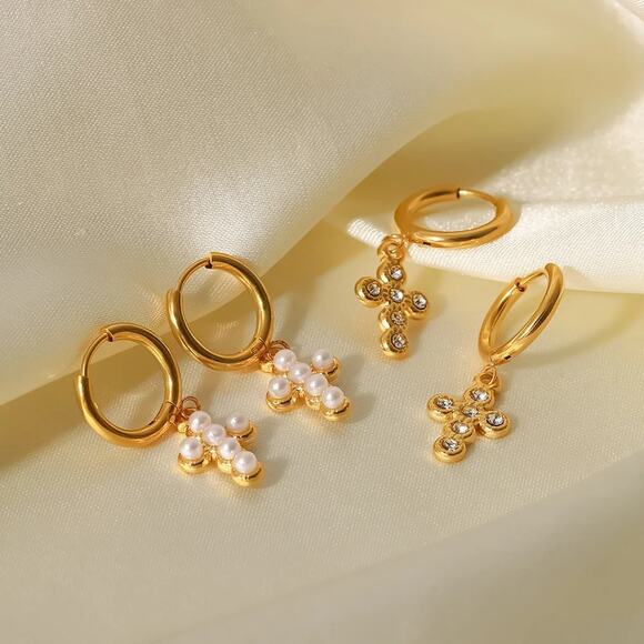 Pearl Cross Dangle Hoop Earrings 18K Gold‎ Plated Stainless Steel - Picture 6 of 7